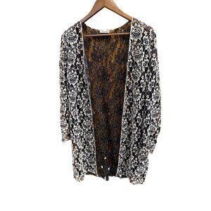 Floral Lace 1X Long Cardigan Kimono Jacket For Women In Black & White